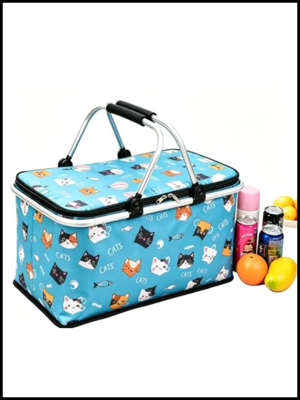 Insulated Collapsible Picnic Basket Grocery Bag with Aluminum Frame, Leak-Proof